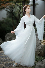 White Chinese Ancient Style Jiangnan Embroidered Sweet Hanfu Dress - Product - 3