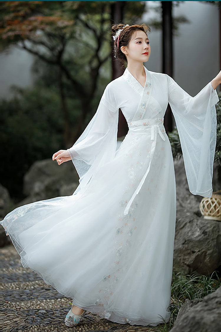 White Chinese Ancient Style Jiangnan Embroidered Sweet Hanfu Dress - Product - 3
