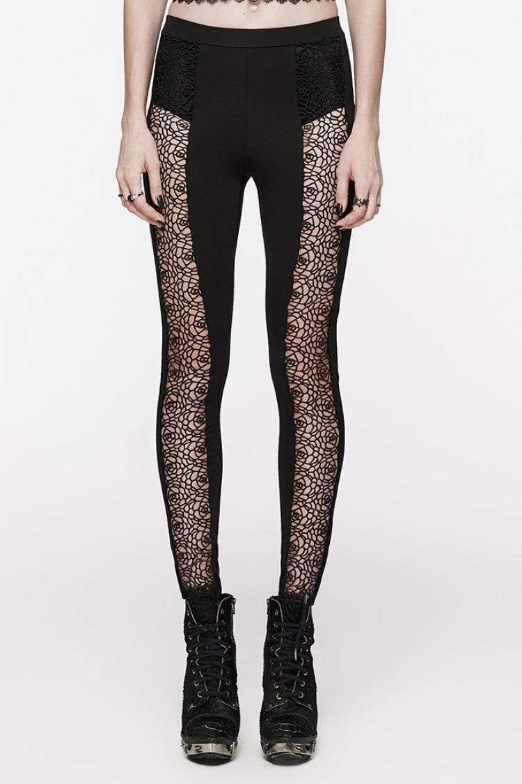 ブラック 花柄 透かし 切り替え レース スリム レディース ゴシック Leggings 商品画像