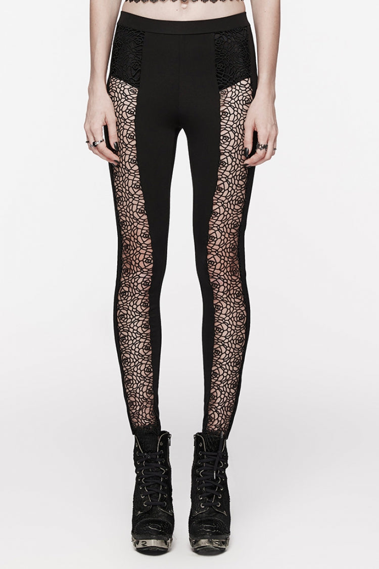Black Floral Print Hollow Stitching Lace Slim Women's Gothic Leggings - Black - 1
