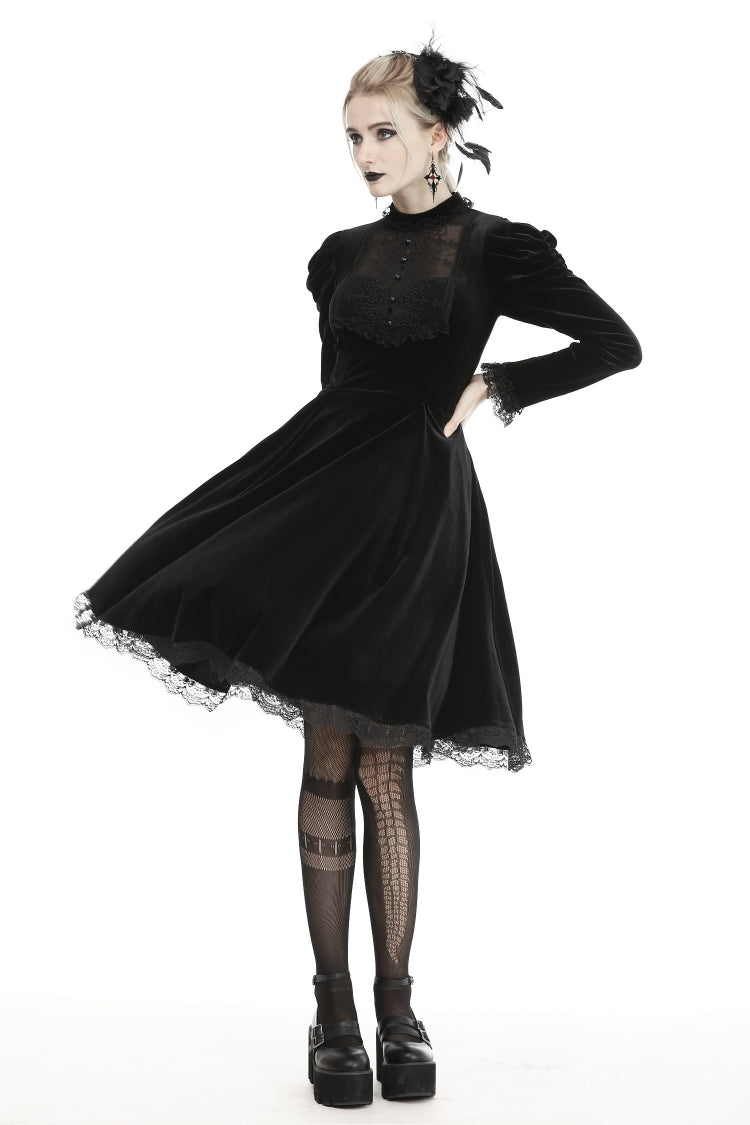 Black Lace Long Puff Sleeves Women's Gothic Velet Dress - Product - 9