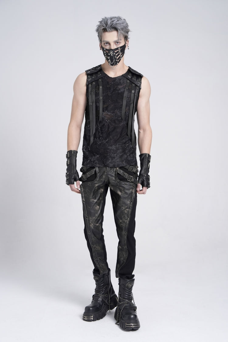 Black Sleeveless Eyelet Strap Distressed Men's Gothic Vest - Product - 10