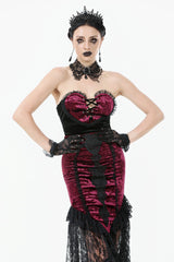 Black/Red Embroidered Velvet Spliced Lace Lace-Up Women's Gothic High/Low Maxi Skirt - Product - 13