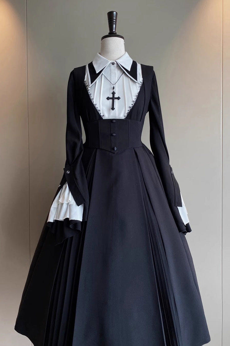 Black Cross Salute Nun Long Sleeves Ruffle Plus Size Gothic Lolita Strap Dress Set - Black - 1