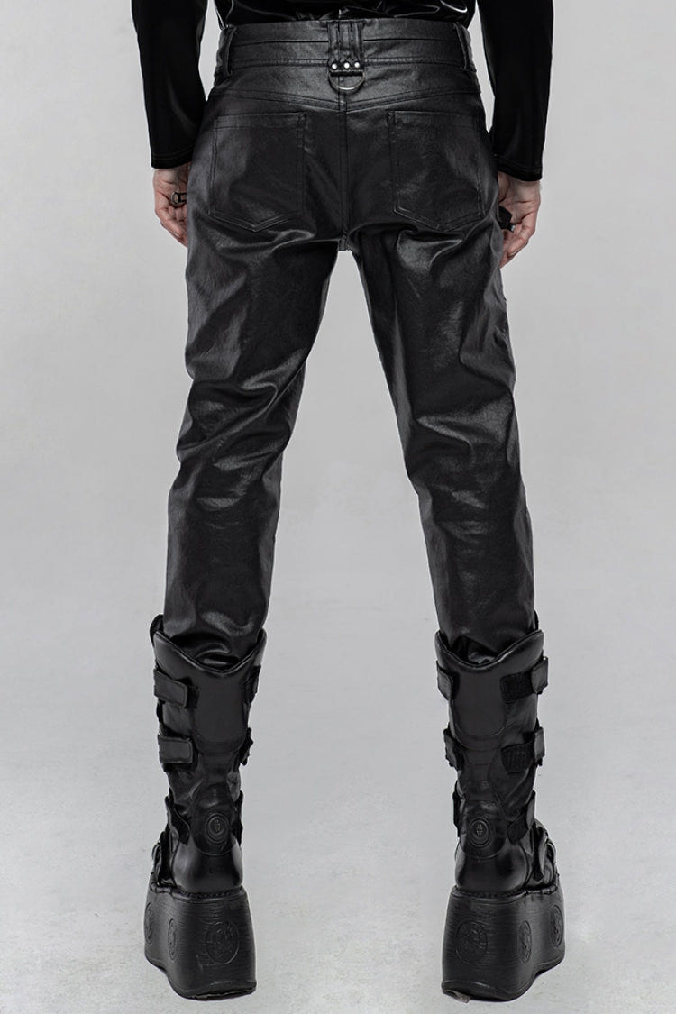 Black Faux Leather Metal Buckle Side Zipper Men's Steampunk Pants - Product - 3