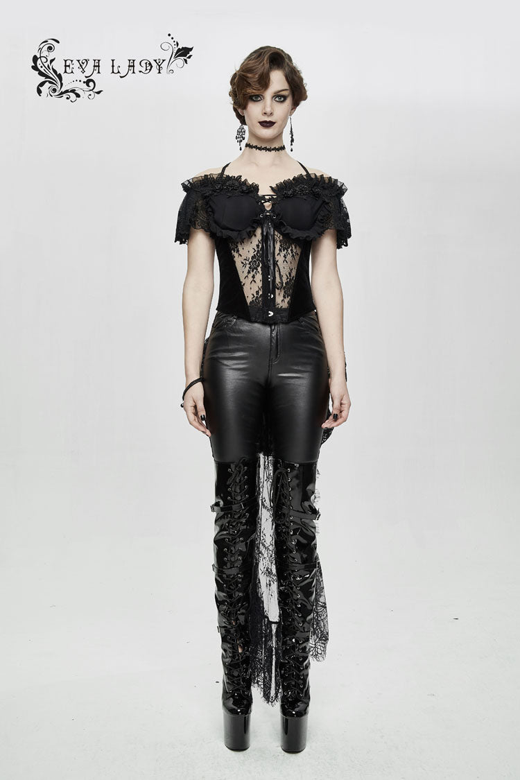 Black Gorgeous Sheer Floral Lace Ruffled Fitted Women's Gothic Corsets With Detachable Hem - Product - 2