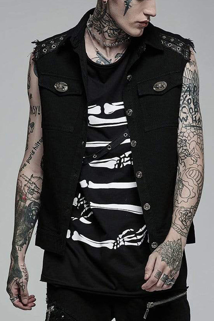 Black Punk Elastic Twill Fabric Featured Flap Pocket Metal Accessories Sleeveless Men's Vest - Black - 1