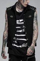 Black Punk Elastic Twill Fabric Featured Flap Pocket Metal Accessories Sleeveless Men's Vest - Black - 1