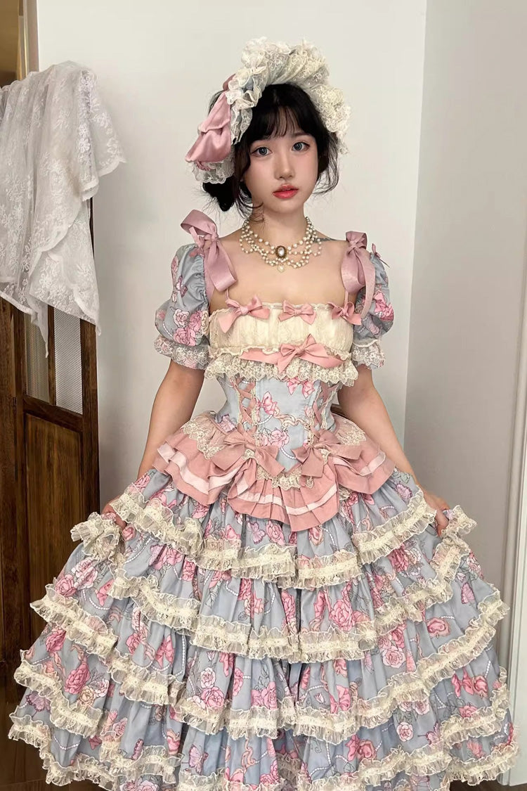 Blue/Pink [Gem Rose] Multi-Layered Ruffle Bowknot Lace Sweet Princess Lolita Skirt 2 Versions - Blue/Pink - 1