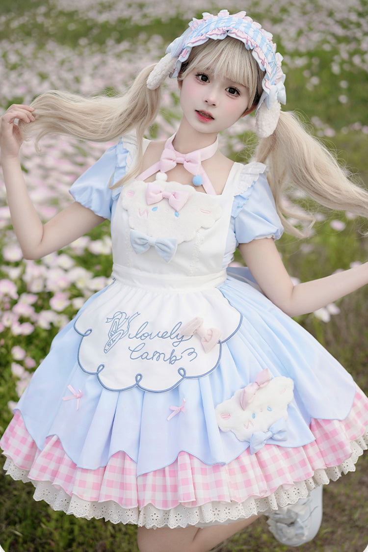 ブルー／ピンク [Lamb Story] ショート パフスリーブ 二層 チェック プリント フリル リボン スウィートロリータ ジャンパースカート（JSK） セット 商品画像