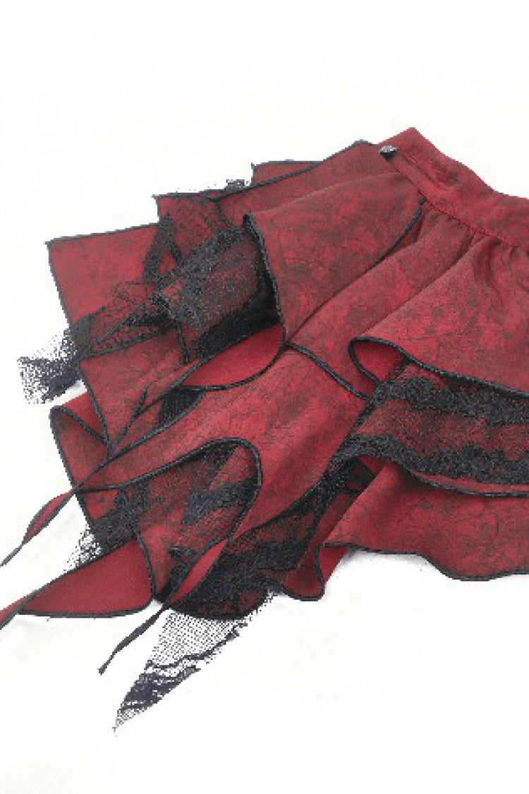 Red Multi-Layered Frilly Lace Long Hime Sleeves Lace-Up Women's Gothic Blouse - Product - 12
