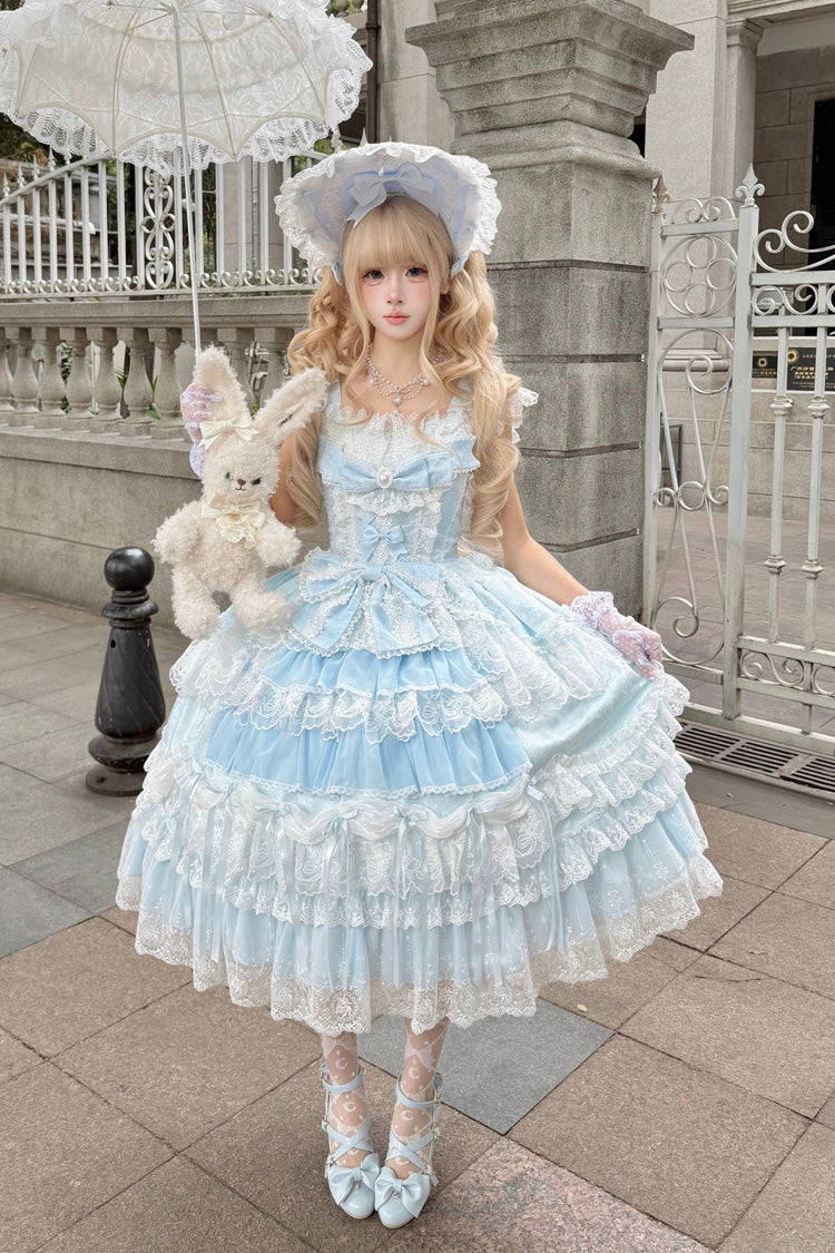 Blue [Eternal Floral Message] Square Collar Sleeveless Multi-Layered Hanayome Embroidered Bow Lace Sweet Lolita Jsk Dress - Product - 2