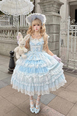 Blue [Eternal Floral Message] Square Collar Sleeveless Multi-Layered Hanayome Embroidered Bow Lace Sweet Lolita Jsk Dress - Product - 2