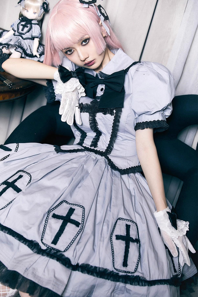 Grey Halloween Cross Short Puff Sleeves Two Pieces Gothic Lolita Dress - Product - 3
