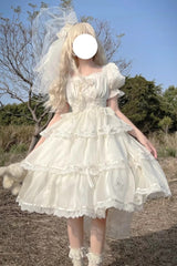 Ivory Square Collar Short Sleeves High Waisted Multi-layer Ruffle Sweet Plus Size Lolita Dress - Ivory - 1