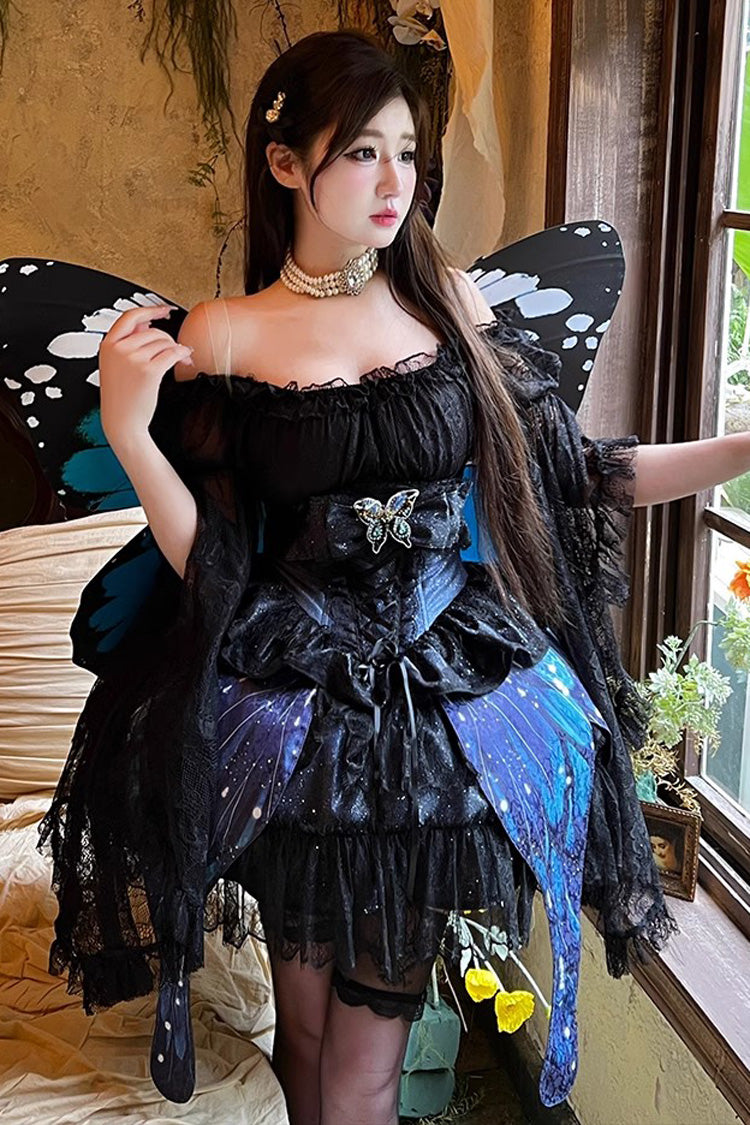 Black [Sparkling Butterfly] Print Bowknot Sweet Lolita Skirt - Black - 1