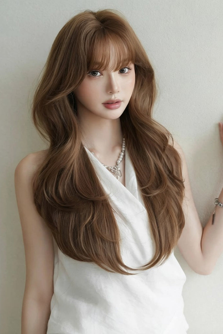 Milky Coffee Korean Style High-Layered Long Wavy Sweet Lolita Wig with Air Bangs - Product - 5