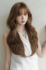 Milky Coffee Korean Style High-Layered Long Wavy Sweet Lolita Wig with Air Bangs - Product - 5