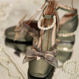 Romance Bowknot Lace Pearl Sweet Elegant Lolita Shoes 4 Colors - Green - 2