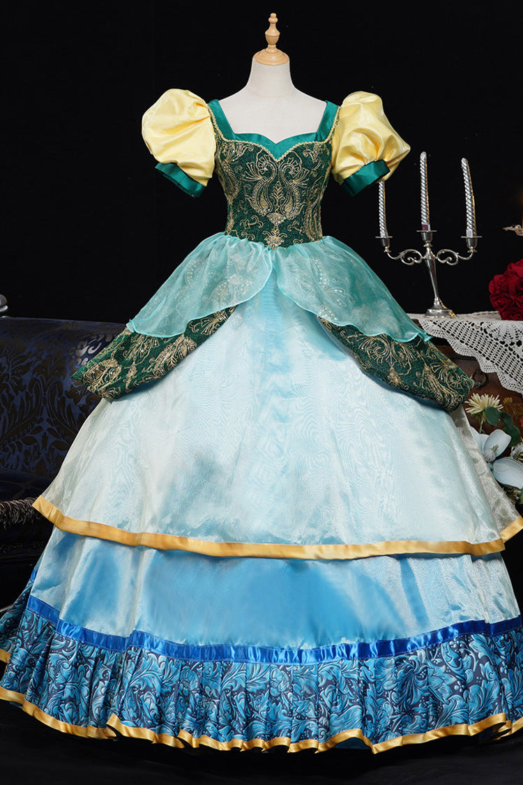 Blue/Green Square Collar Short Lantern Sleeves Multi-Layered Ruffled Embroidered Lace Gothic Vintage Princess Palace Lolita Victorian Dress - Blue/Green - 1