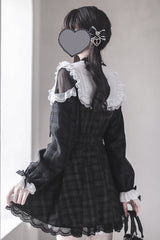 Black [Angel Heartbeat] Long Sleeves Plaid Print Ruffle Bowknot Lace Sweet Jirai Kei Japanese Dress - Product - 7