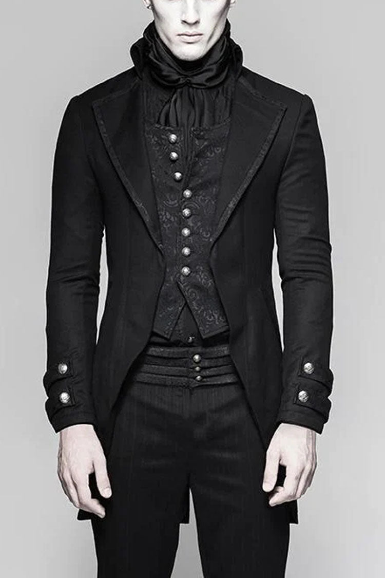 Black Fake Two-Pieces Metal Button Long Sleeves Jacquard Print Mens Gothic Coat - Black - 1