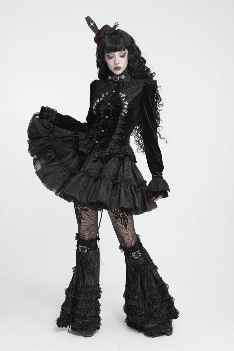 Black Multi-Layered Lace Lace-Up Buckled Pleated Women's Gothic Luxurious Royal  Leg Warmers - Product - 12
