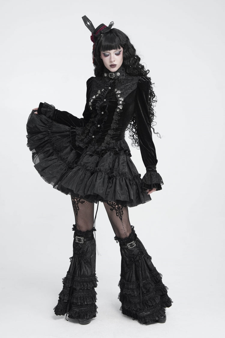 Black Multi-Layered Lace Lace-Up Buckled Pleated Women's Gothic Luxurious Royal  Leg Warmers - Product - 12