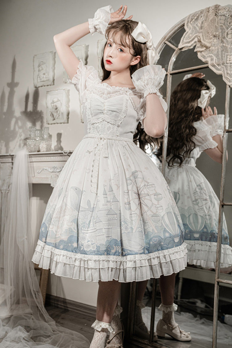 White Ruffle Short Sleeves Whale Paradise Print Sweet Lolita Dress Set - Product - 5
