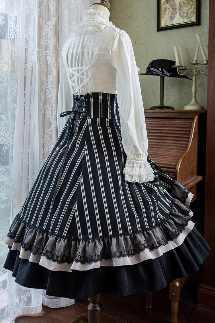 Black Point Manor Multi-layer Striped Print Ruffle Gothic Lolita Skirt - Product - 14