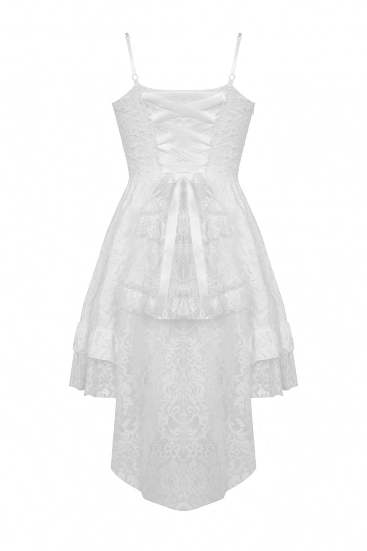 White Sleeveless High/Low Multi-Layered Jacquard Lace Lace-Up Women's Gothic Slip Wedding Graduation Dress - Product - 12