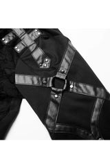 Black Long Sleeve Leather Strap Decoration Broken Holes Knit Men's Punk T-Shirt - Product - 8