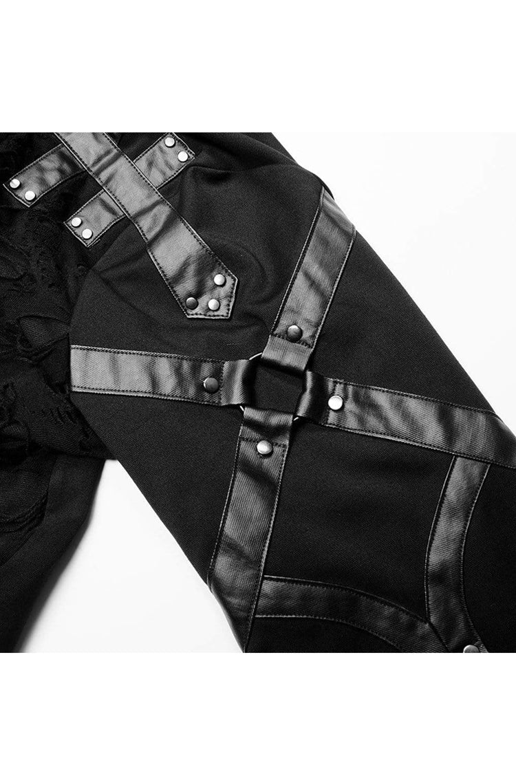 Black Long Sleeve Leather Strap Decoration Broken Holes Knit Men's Punk T-Shirt - Product - 8