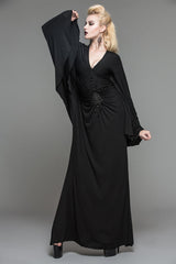 Black Frog Button Sexy Bat Sleeve Deep V Neck Gothic Womens Dress - Product - 3