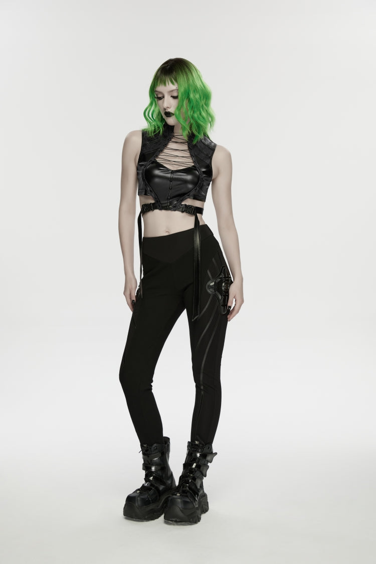 Black Slim Women's Armor-Accentuated Paneled Punk Leggings - Product - 4