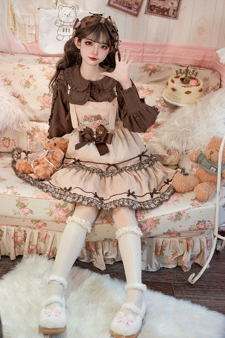 Khaki [Cute Bear] Embroidery Print Sleeveless Double-Layered Ruffle Bowknot Sweet Lolita Jsk Dress - Product - 6