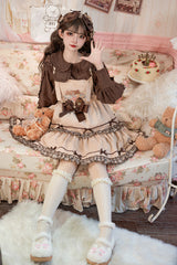 Khaki [Cute Bear] Embroidery Print Sleeveless Double-Layered Ruffle Bowknot Sweet Lolita Jsk Dress - Product - 6