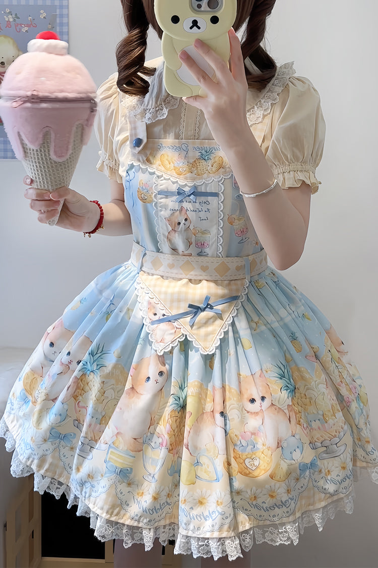 Blue [Pineapple Cat] Print Sleeveless Bowknot Lace Sweet Lolita Strap Dress - Product - 3