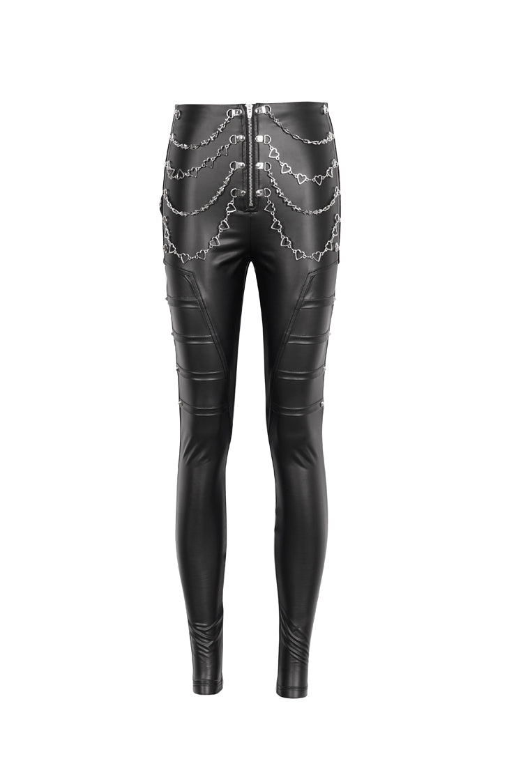 Black Chain Stud Skintight Leather Womens Punk Pants - Product - 7