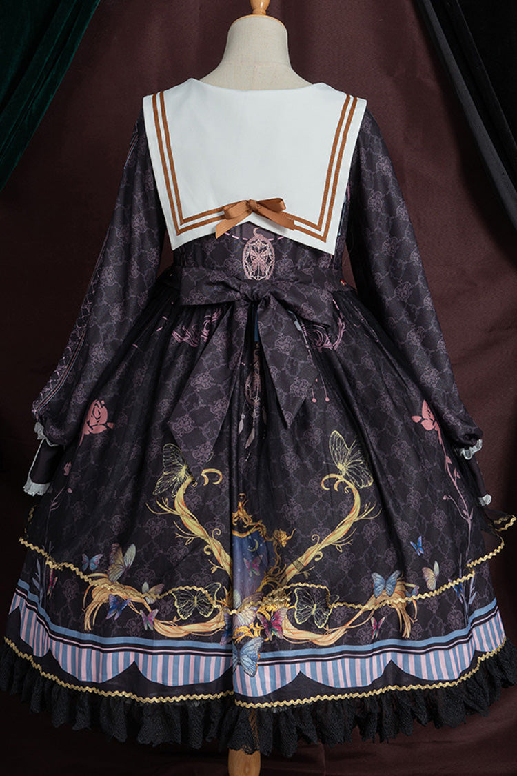 Black Navy Collar Long Sleeves Butterfly Print Ruffle Bowknot Gothic Elegant Princess Lolita Dress - Product - 9