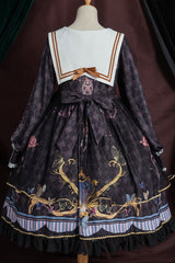 Black Navy Collar Long Sleeves Butterfly Print Ruffle Bowknot Gothic Elegant Princess Lolita Dress - Product - 9