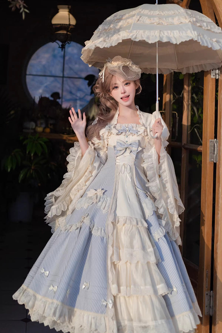 Blue [Letter Paper] Sleeveless Double-Layered Printed Ruffled Open-Front Bow Lace-Up Sweet Lolita Jsk Dress (Long Version) - Product - 3