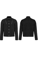 Black Punk Washed Aged Texture Rough Grain Splicing Mesh Metal Buttonholes Zipper Trim Long Sleeve Men's Coat - Product - 5