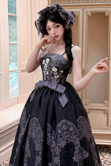 [Stained Glass Dream] Square Collar Sleeveless Printed Embroidered Bow Gothic Lolita Jsk Dress 2 Colors(Black/Purple, White/Purple) - Product - 9