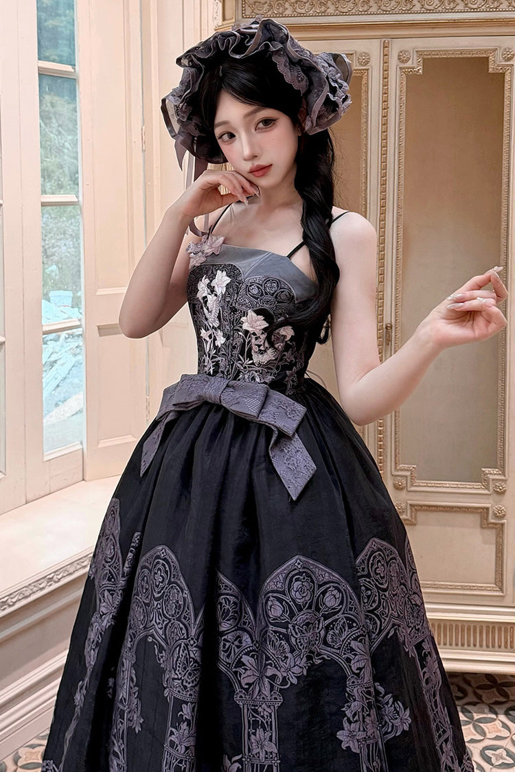 [Stained Glass Dream] Square Collar Sleeveless Printed Embroidered Bow Gothic Lolita Jsk Dress 2 Colors(Black/Purple, White/Purple) - Product - 9