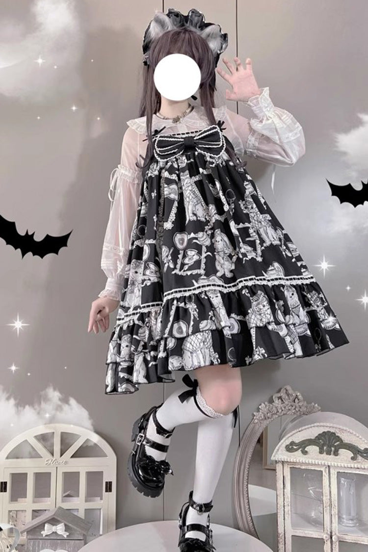 Black Wolf Detective Print Ruffle Bowknot Sweet Lolita Jsk Dress - Black - 1