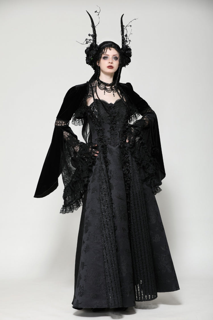 Black Long Puff Flared Sleeves Ruffled Lace Spliced Velvet Women's Gothic Cape - Product - 8