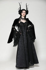 Black Long Puff Flared Sleeves Ruffled Lace Spliced Velvet Women's Gothic Cape - Product - 8