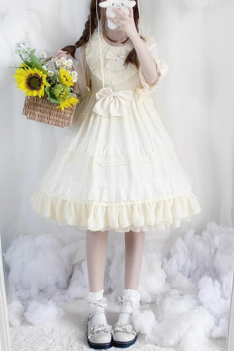 Beige Lace Cool Angel Short Sleeves Bowknot Ruffle Sweet Lolita Dress - Beige - 1