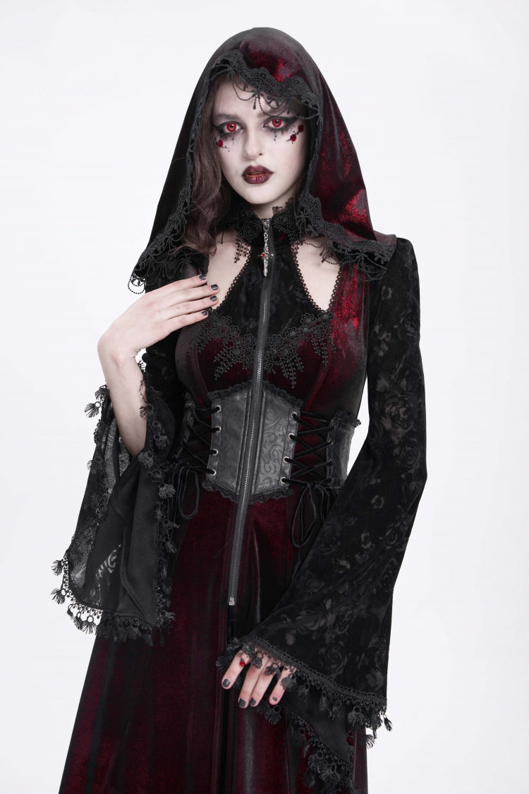 Red Long Sleeves Hollow Embroidery Hooded Ripped Women's Gothic Dress Coat - Product - 10